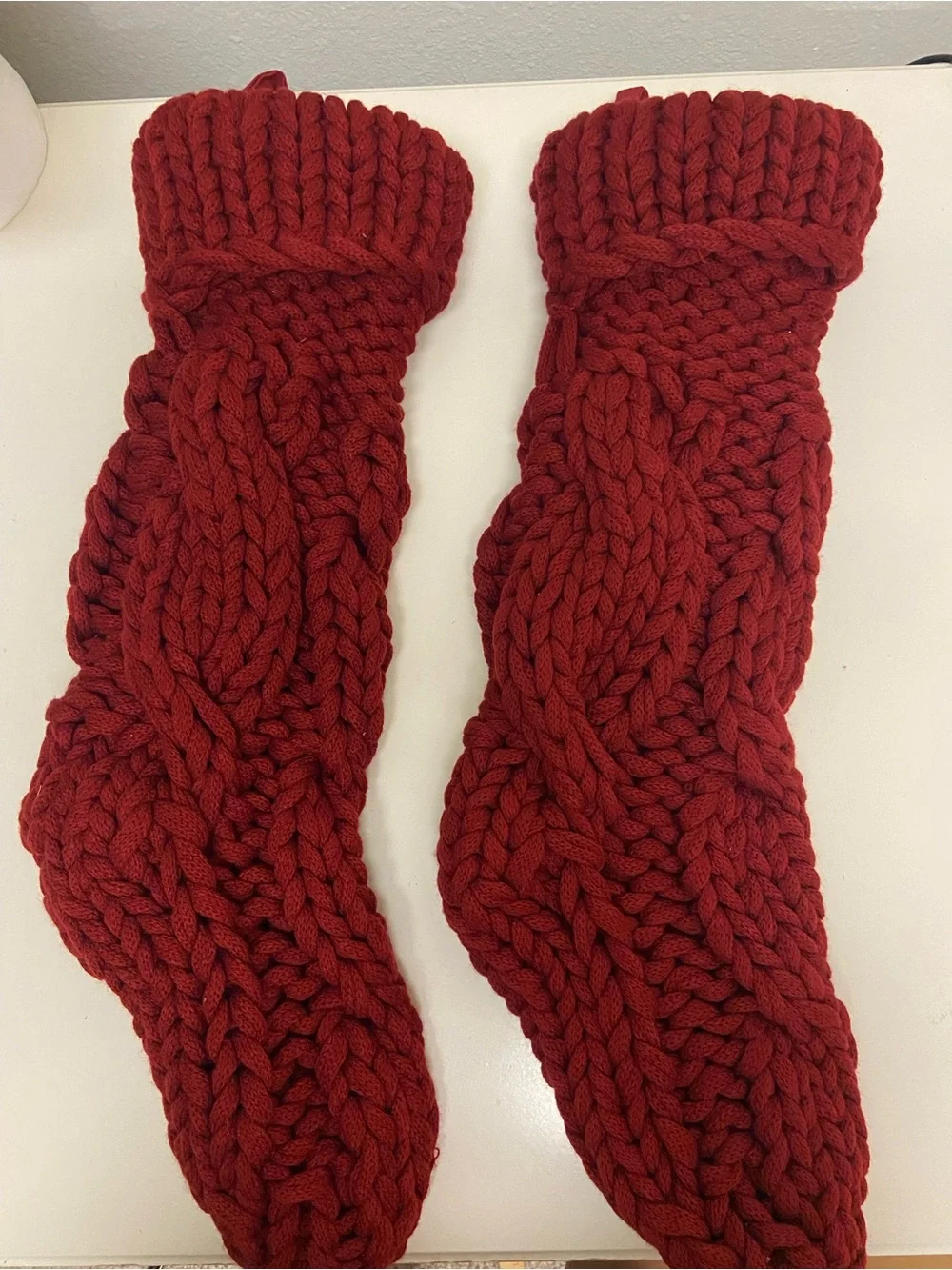 Pottery Barn Colossal Knit Stockings Chunky Cable knit Red Pair Of 2 Christmas